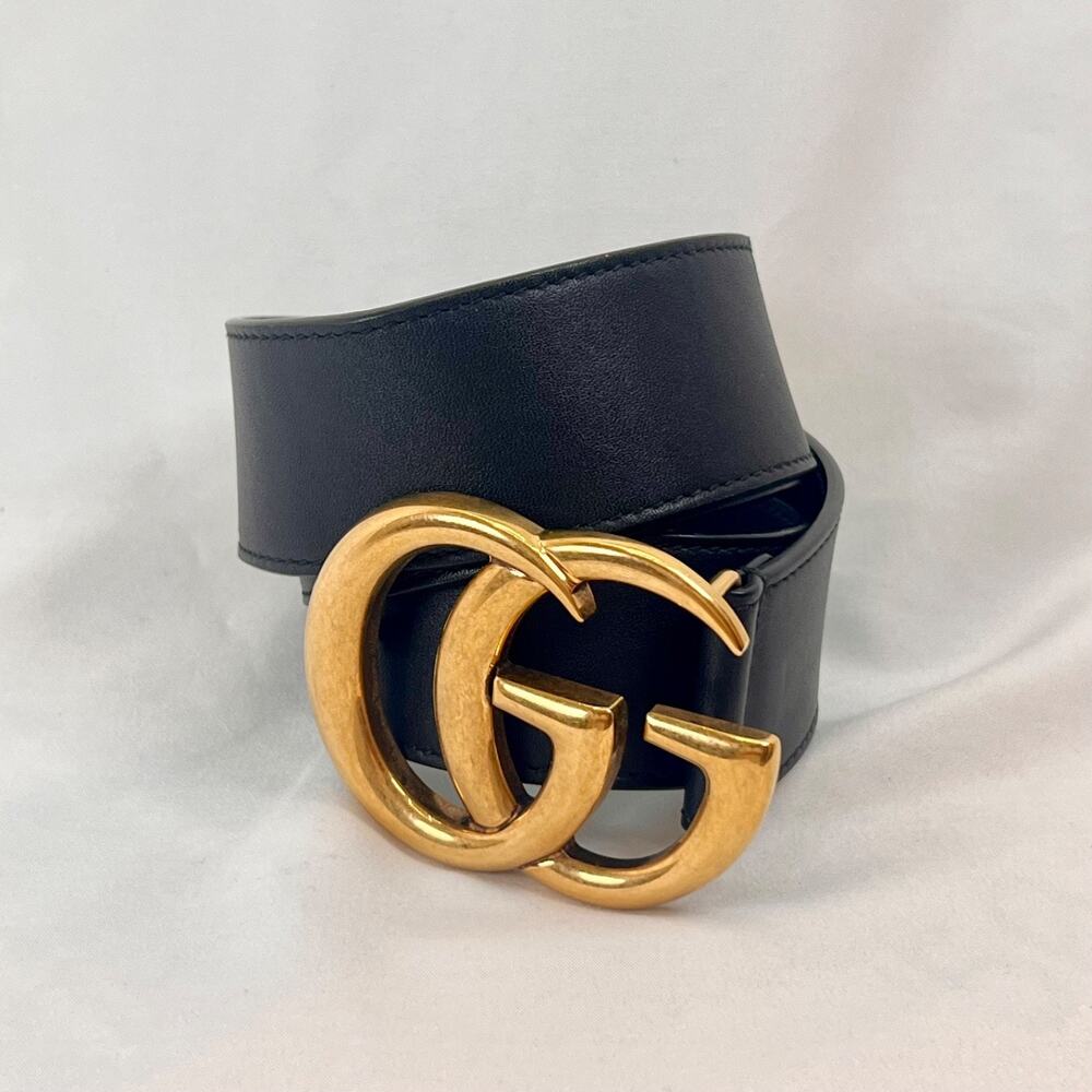Gucci Double GG Marmont Belt Black Leather Gold Buckle Size 75/30 Made in Italy